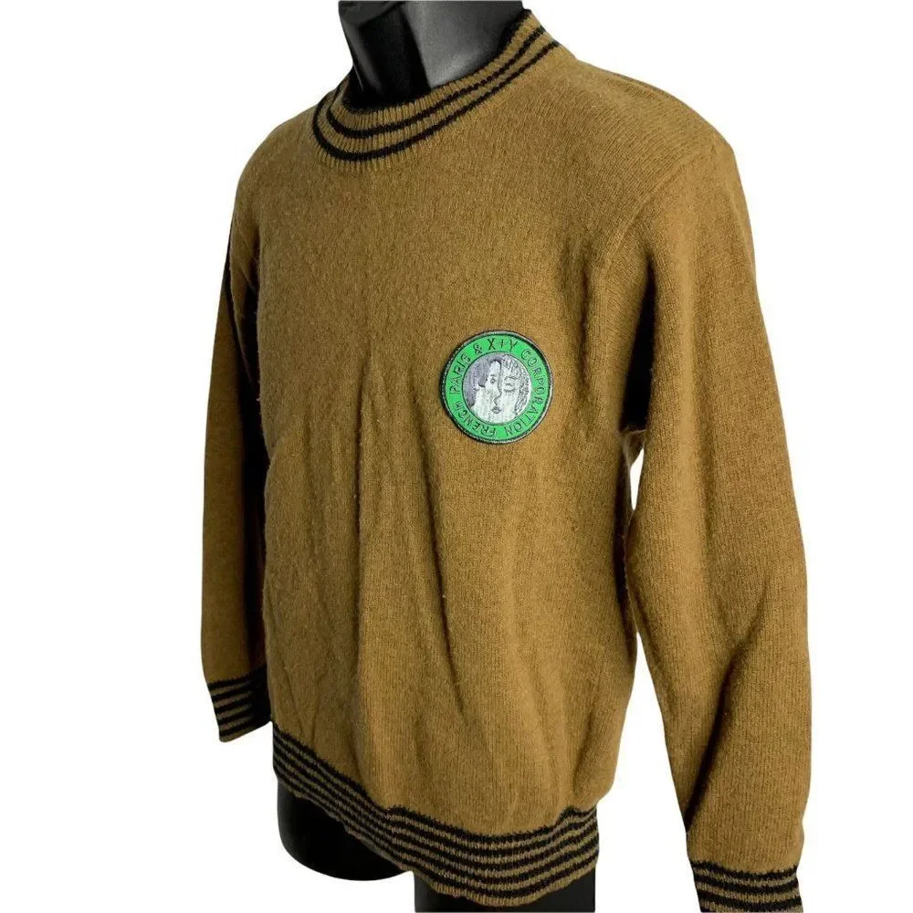 XY Corp Wool Pullover Sweater S Brown Long Sleeve Embroidered Patch High Neck